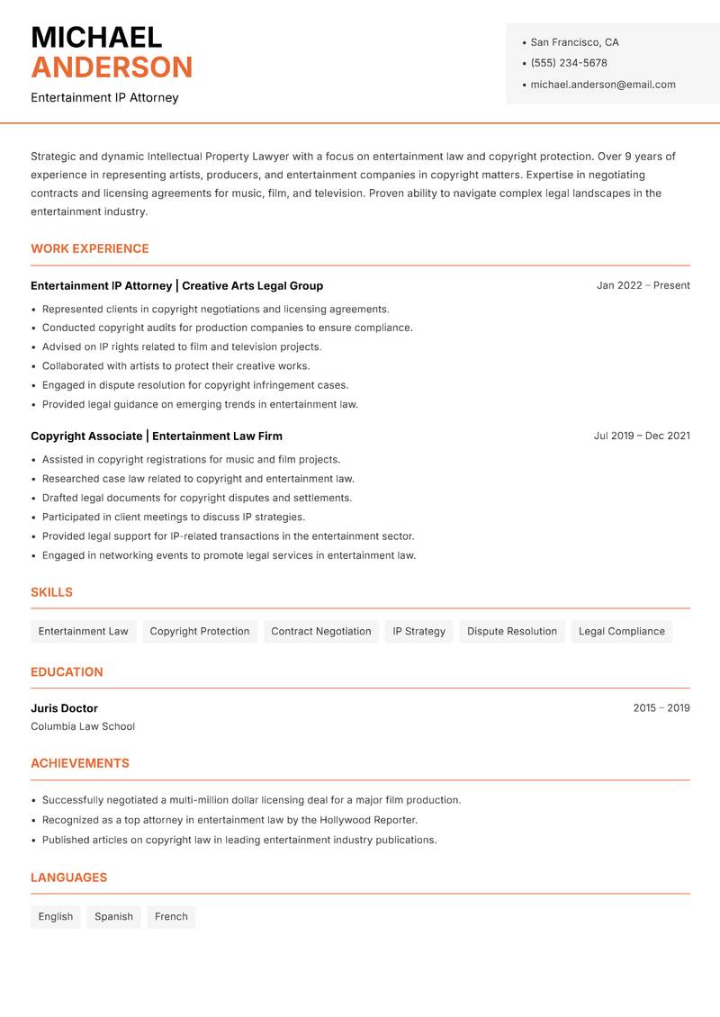 Intellectual Property Lawyer resume sample — Entertainment IP Attorney focus