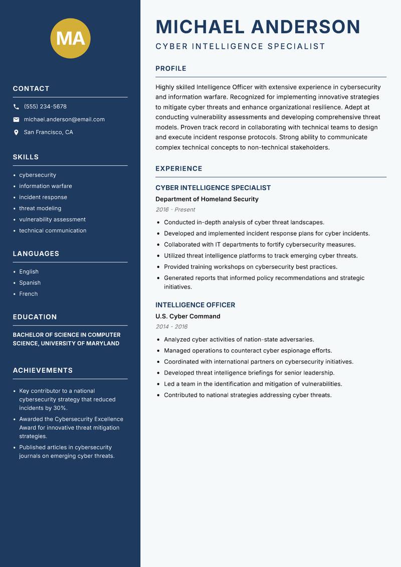 Intelligence Officer resume sample — Cyber Intelligence Specialist focus