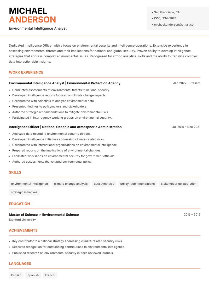 Intelligence Officer resume sample — Environmental Intelligence Analyst focus