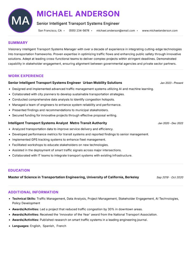 Intelligent Transport Systems Manager resume example