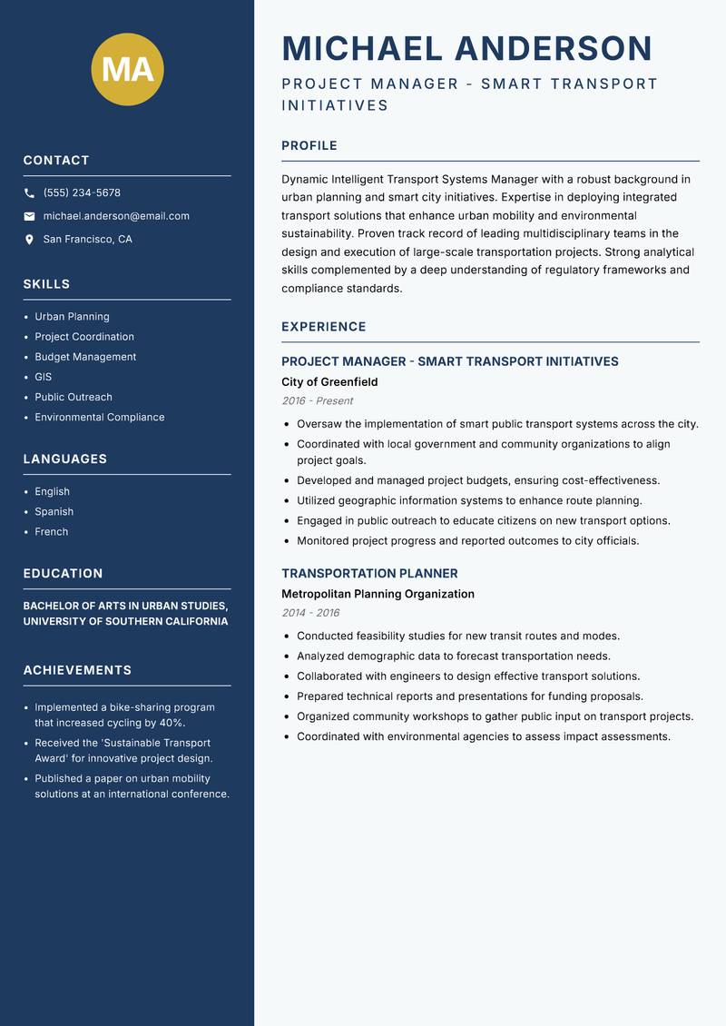 Intelligent Transport Systems Manager resume sample — Project Manager - Smart Transport Initiatives focus