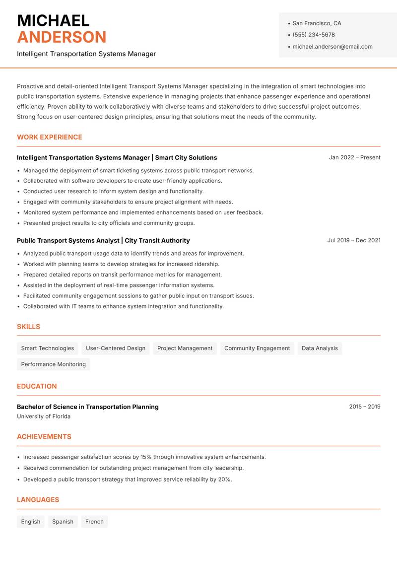 Intelligent Transport Systems Manager resume sample — Intelligent Transportation Systems Manager focus