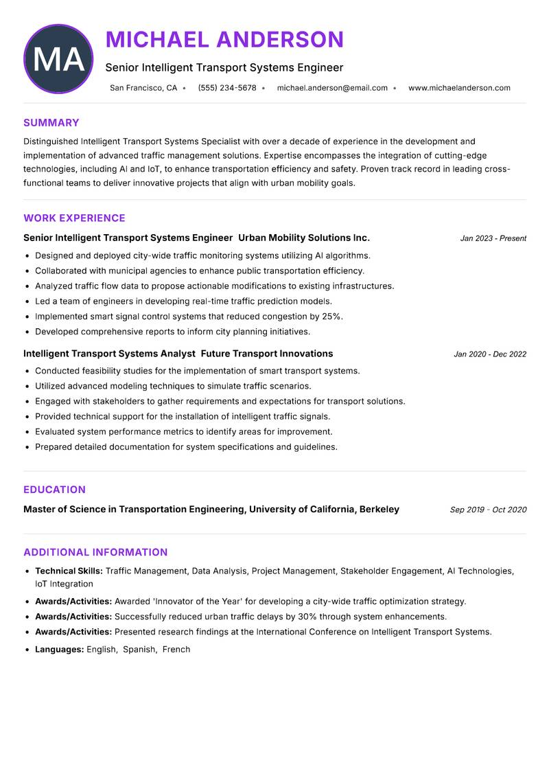 Intelligent Transport Systems Specialist resume example