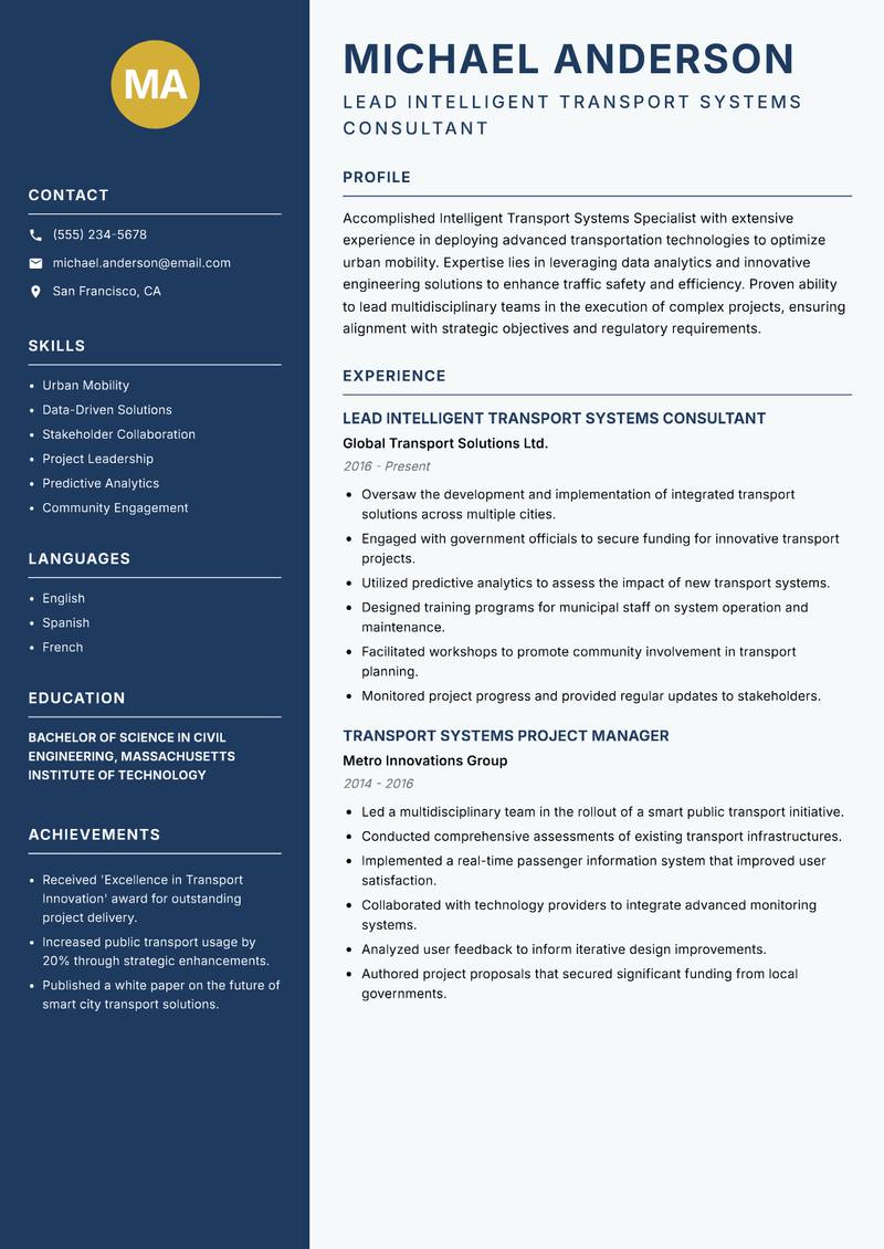 Intelligent Transport Systems Specialist resume sample — Lead Intelligent Transport Systems Consultant focus