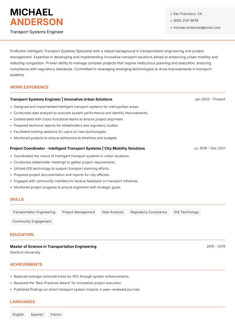 Intelligent Transport Systems Specialist resume sample — Transport Systems Engineer focus