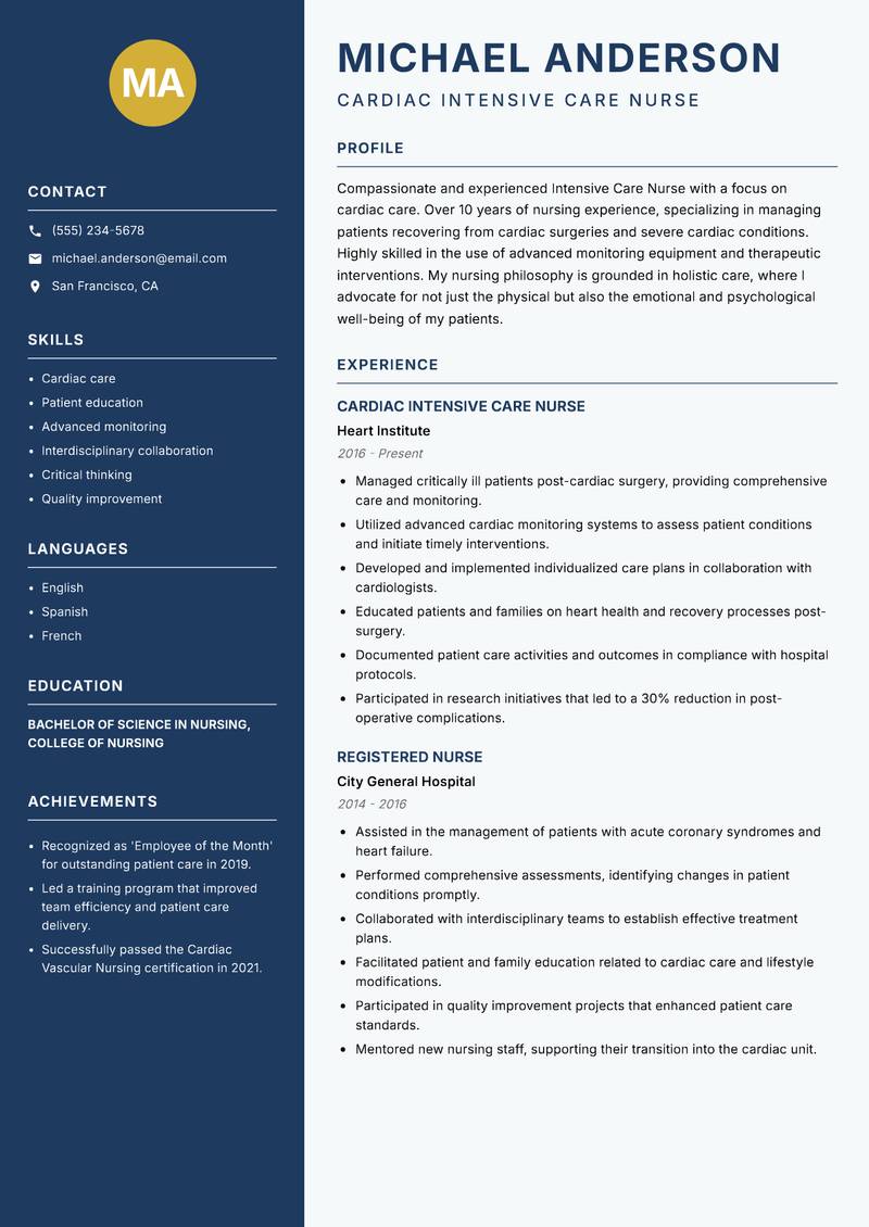 Intensive Care Nurse resume sample — Cardiac Intensive Care Nurse focus
