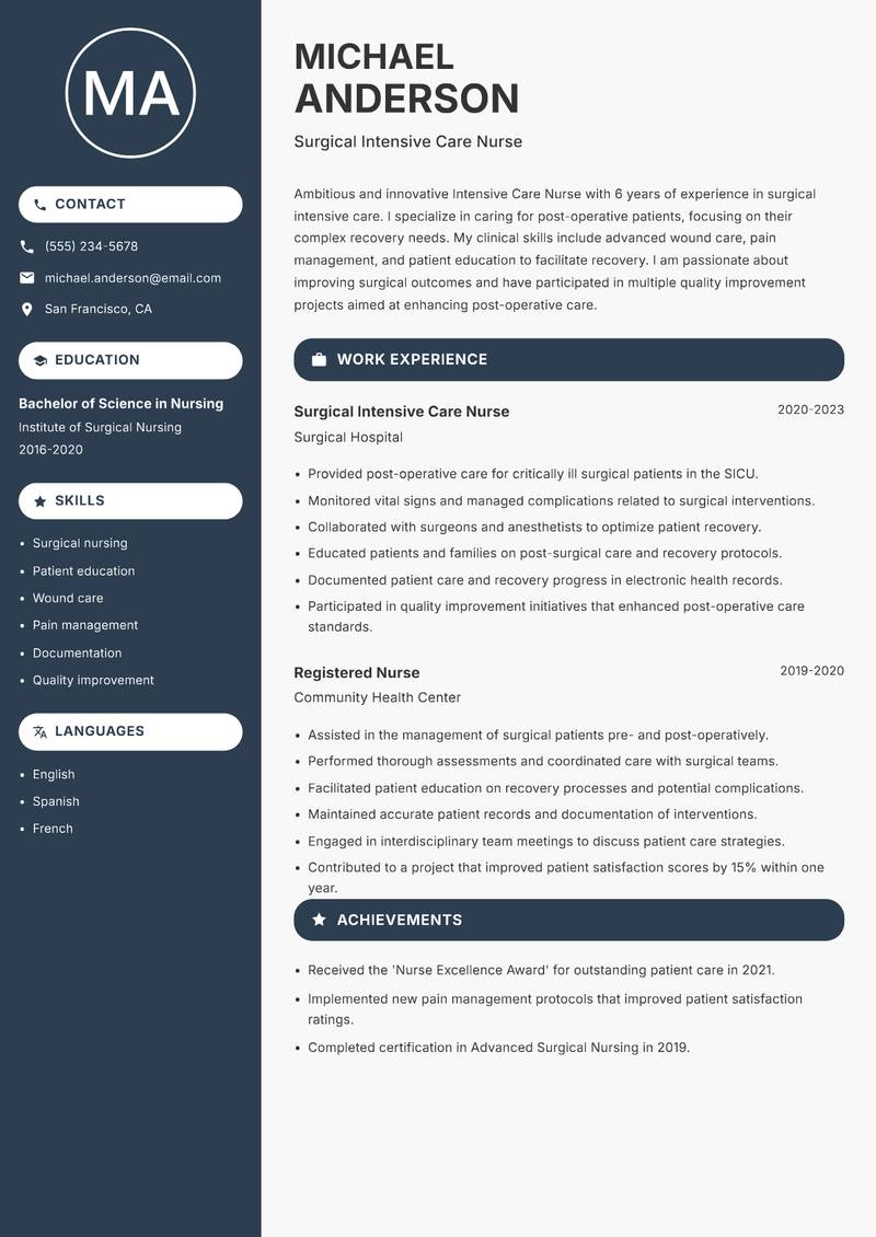 Intensive Care Nurse resume sample — Surgical Intensive Care Nurse focus