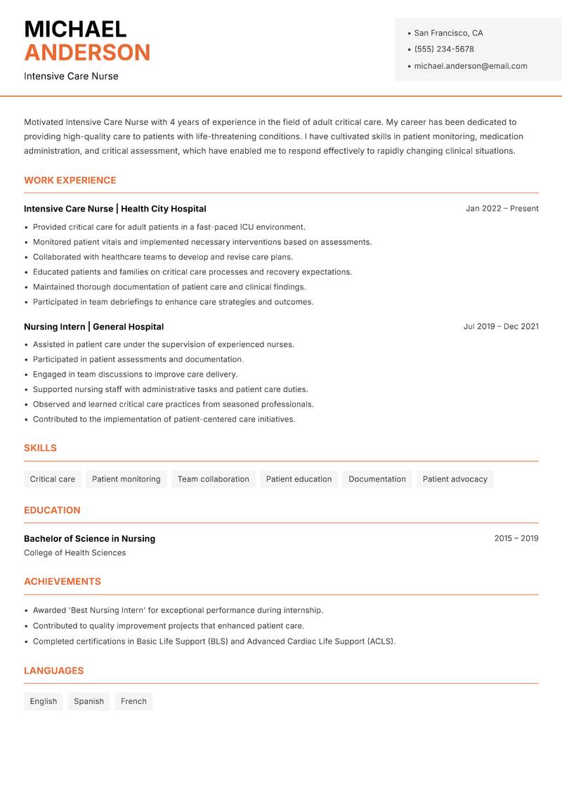Intensive Care Nurse resume sample — Intensive Care Nurse focus
