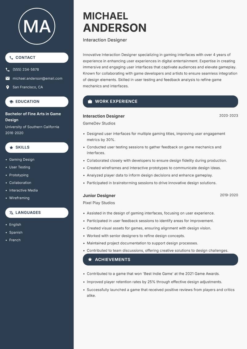 Interaction Designer resume sample — Interaction Designer focus