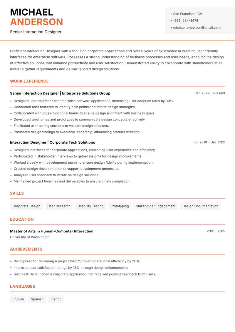 Interaction Designer resume sample — Senior Interaction Designer focus
