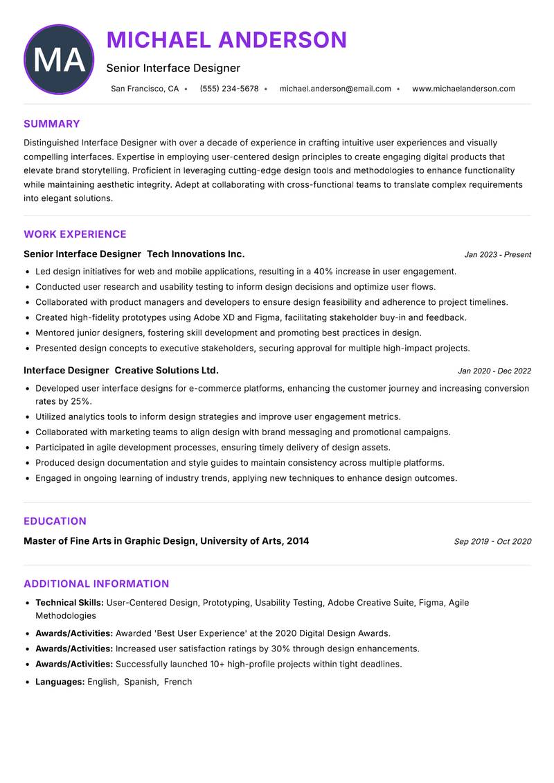 Interface Designer resume example