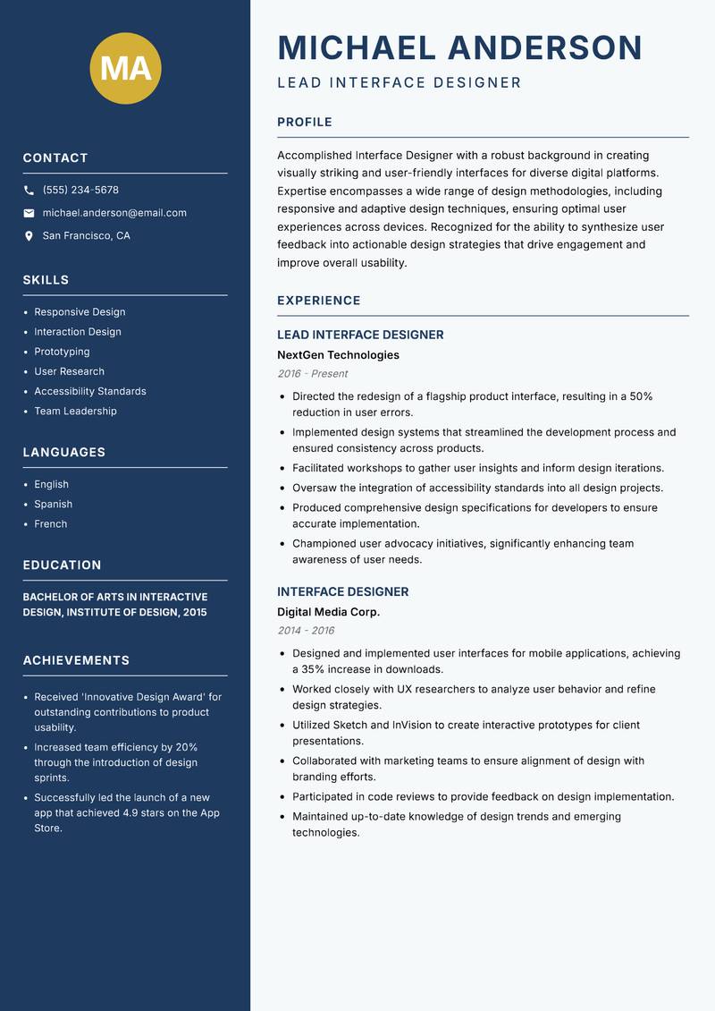Interface Designer resume sample — Lead Interface Designer focus