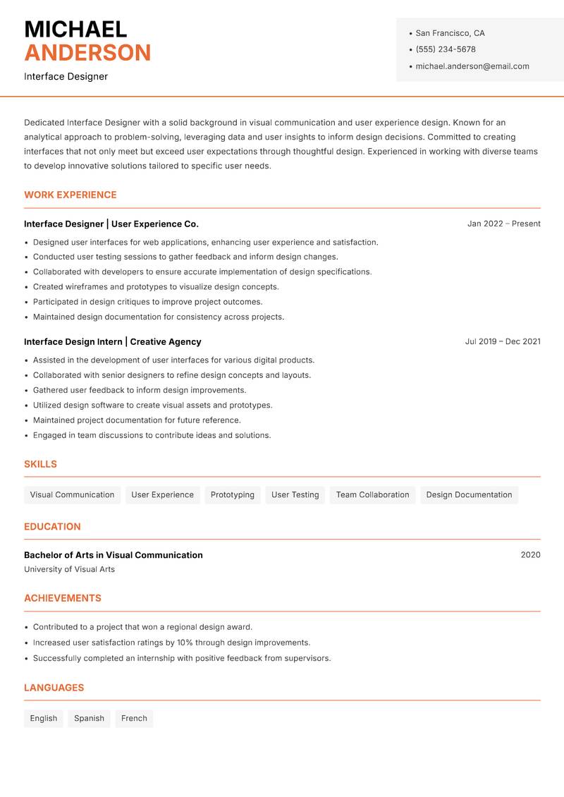 Interface Designer resume sample — Interface Designer focus