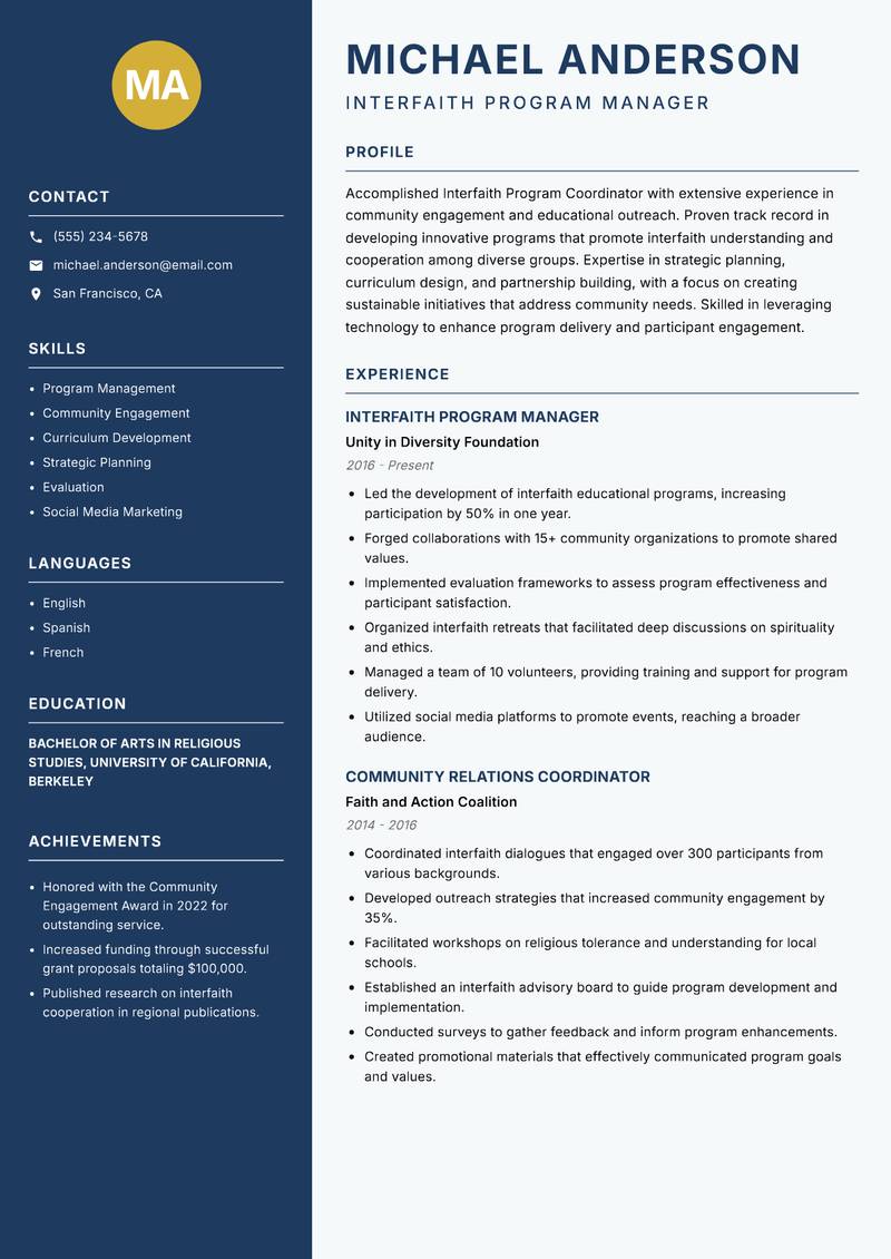 Interfaith Program Coordinator resume sample — Interfaith Program Manager focus