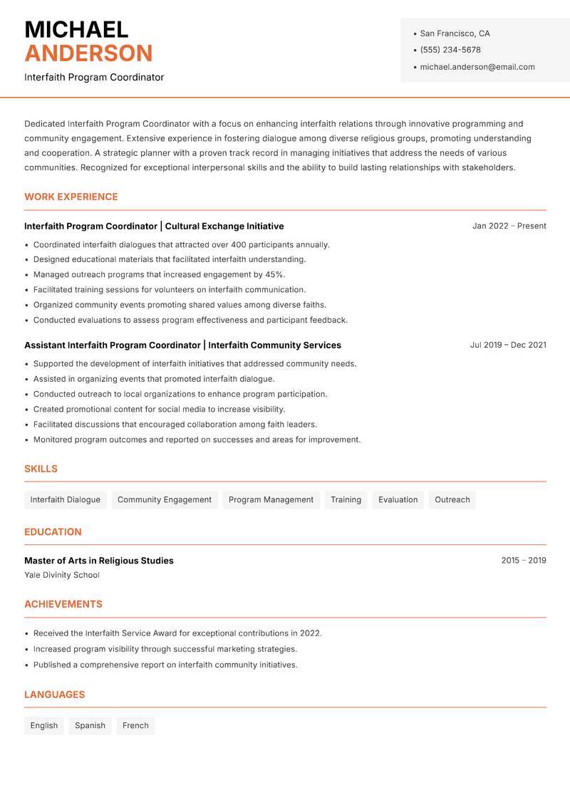 Interfaith Program Coordinator resume sample — Interfaith Program Coordinator focus