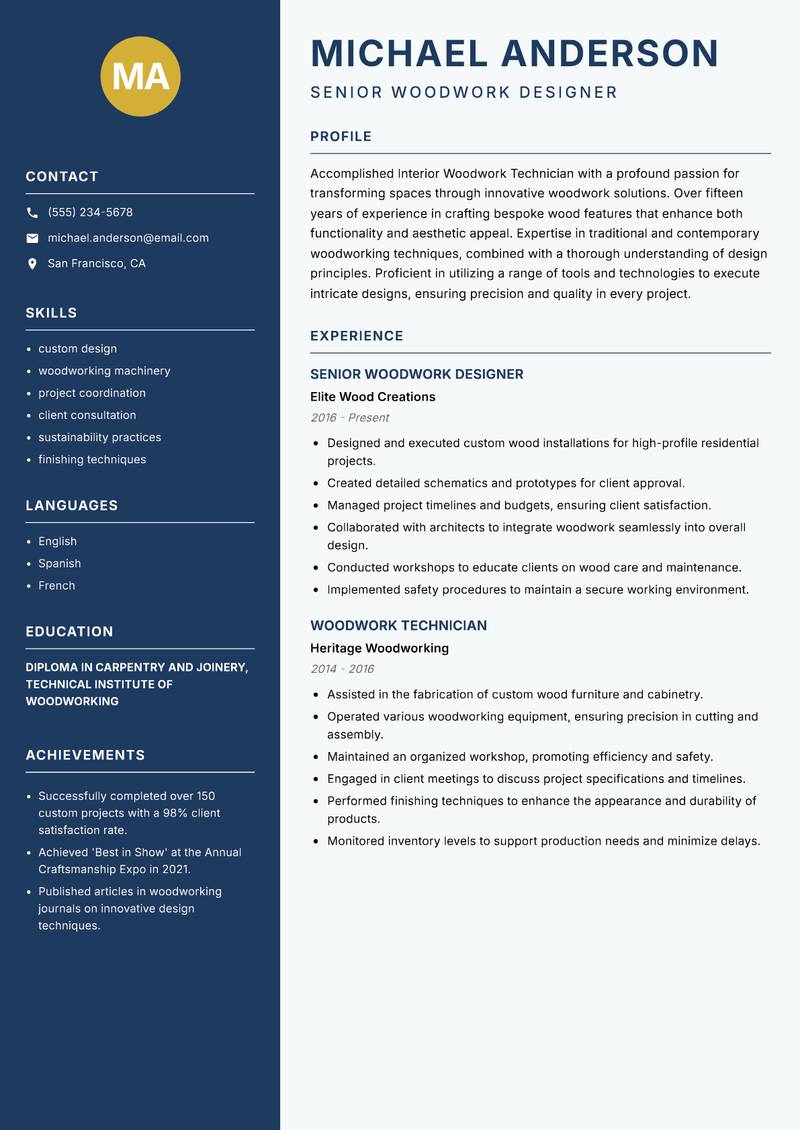 Interior Woodwork Technician resume sample — Senior Woodwork Designer focus