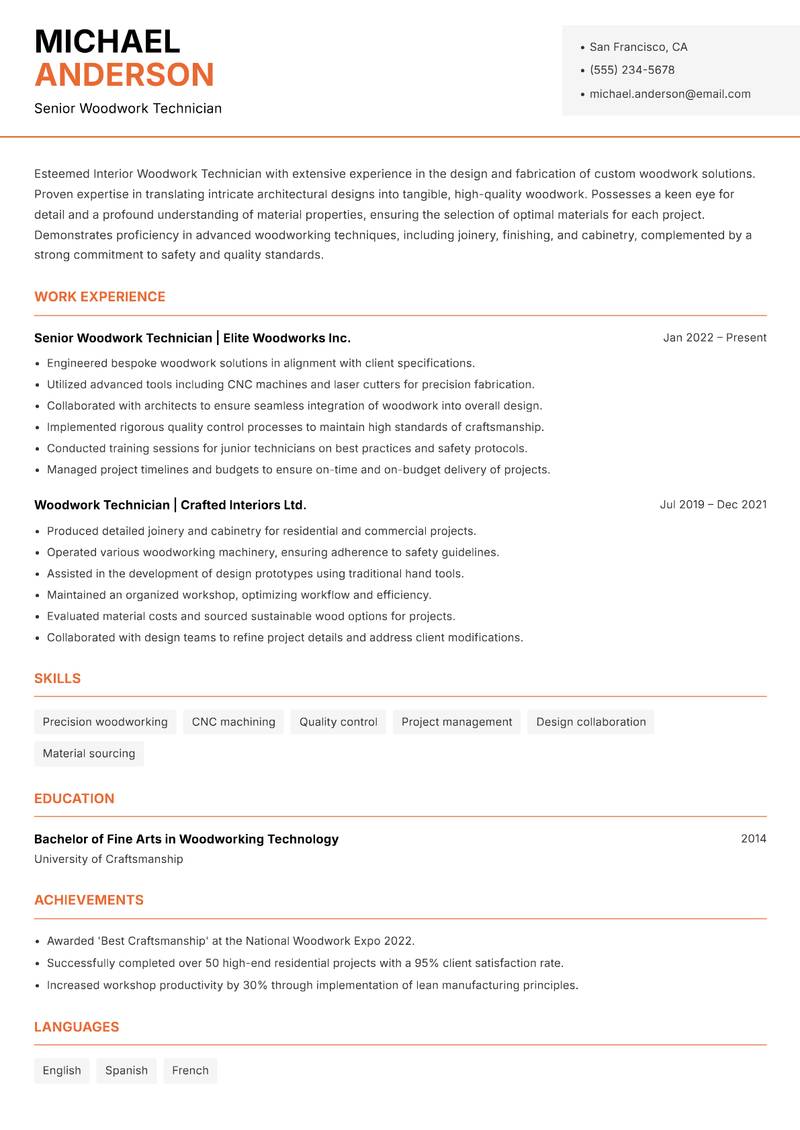 Interior Woodwork Technician resume sample — Senior Woodwork Technician focus