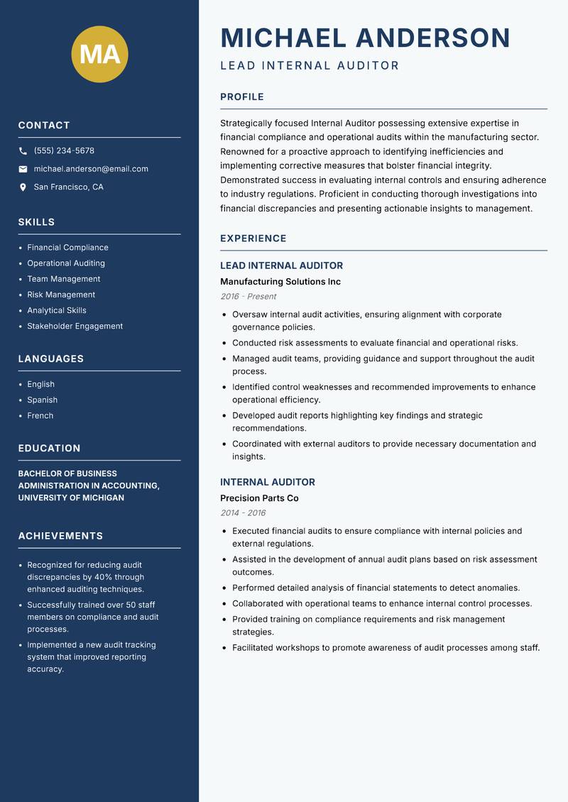 Internal Auditor resume sample — Lead Internal Auditor focus