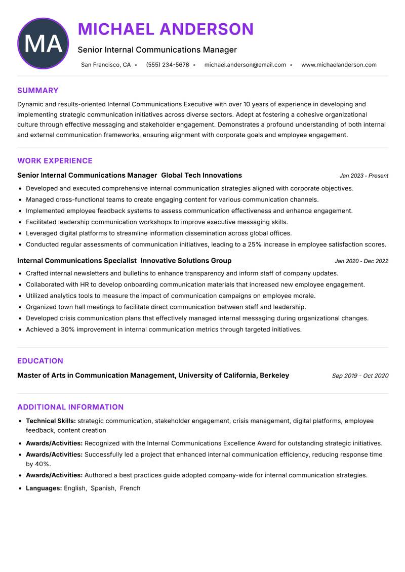 Internal Communications Executive resume example