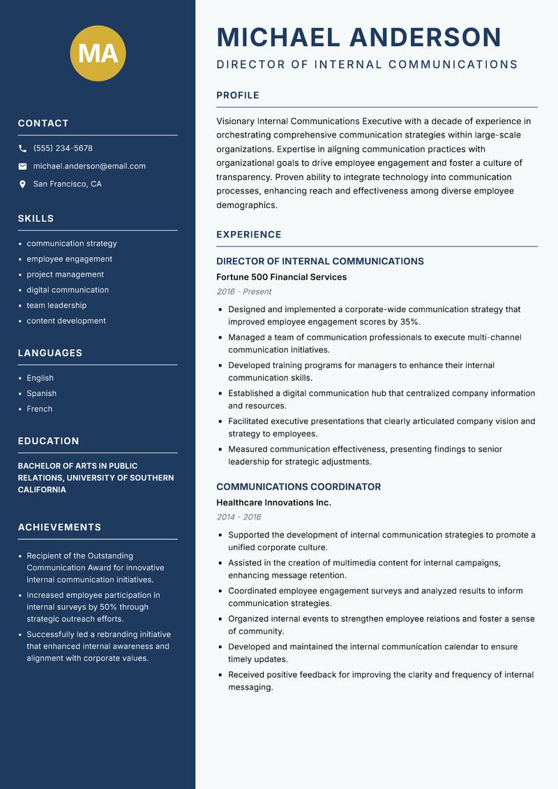 Internal Communications Executive resume sample — Director of Internal Communications focus