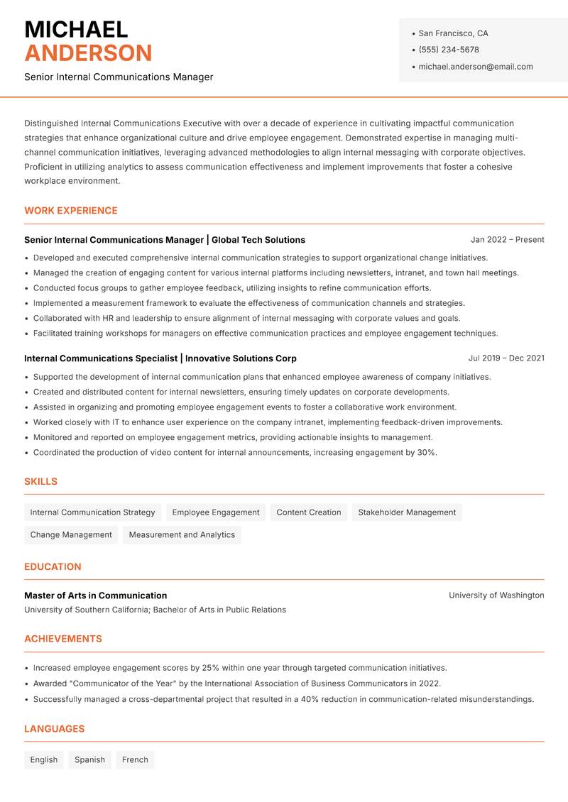 Internal Communications Executive resume sample — Senior Internal Communications Manager focus