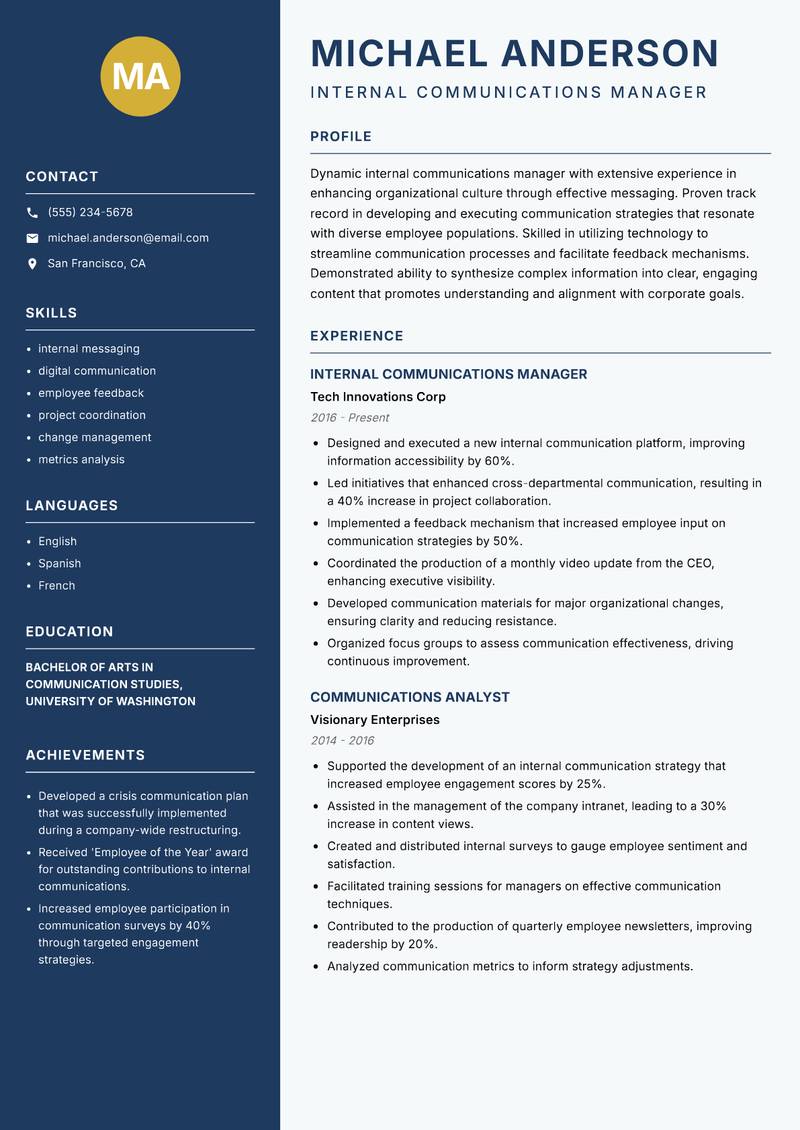Internal Communications Manager resume sample — Internal Communications Manager focus