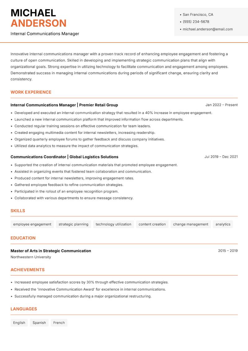 Internal Communications Manager resume sample — Internal Communications Manager focus