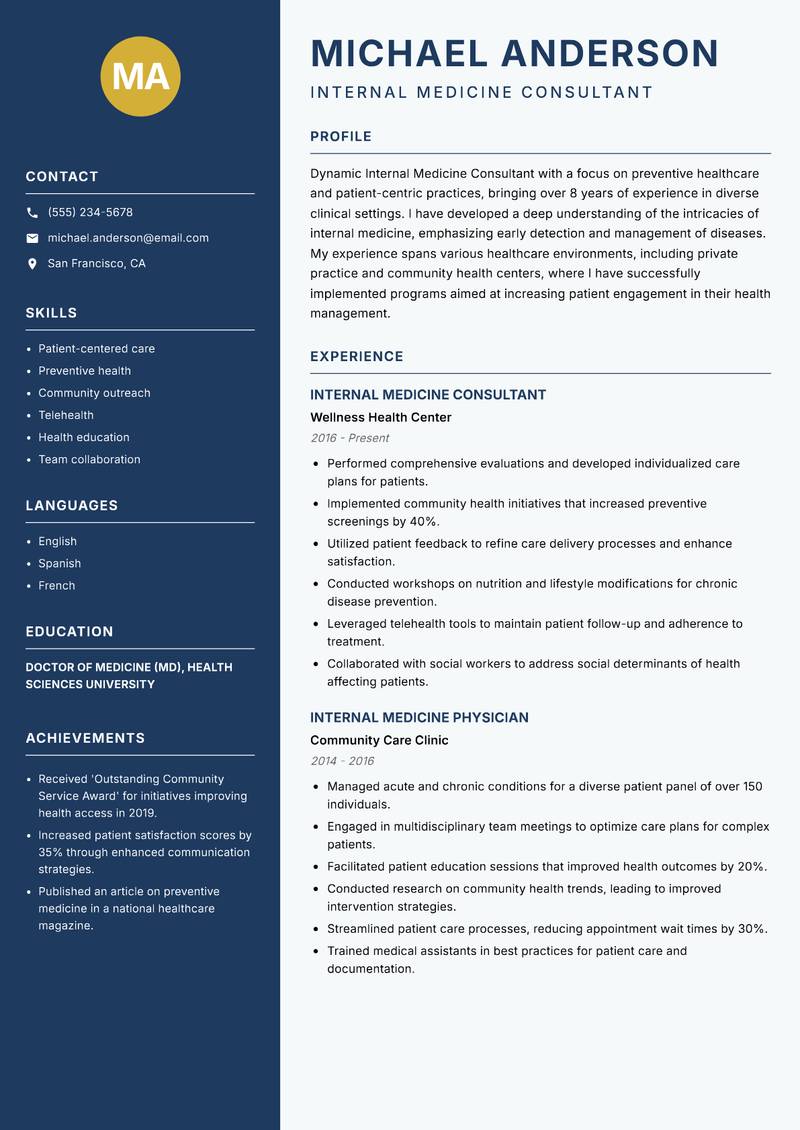 Internal Medicine Consultant resume sample — Internal Medicine Consultant focus