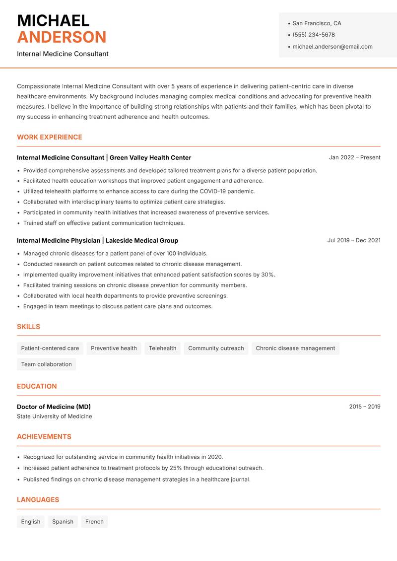 Internal Medicine Consultant resume sample — Internal Medicine Consultant focus