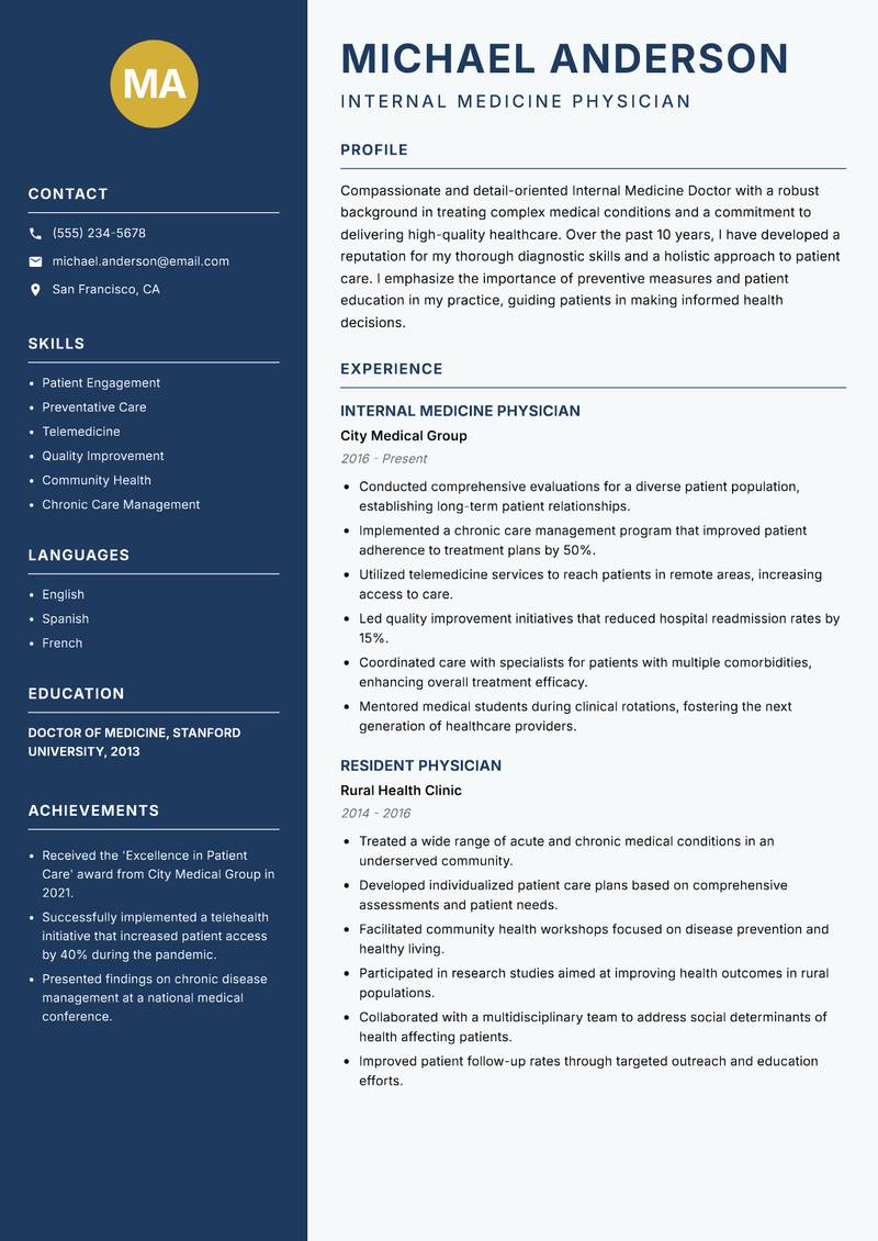Internal Medicine Doctor resume sample — Internal Medicine Physician focus
