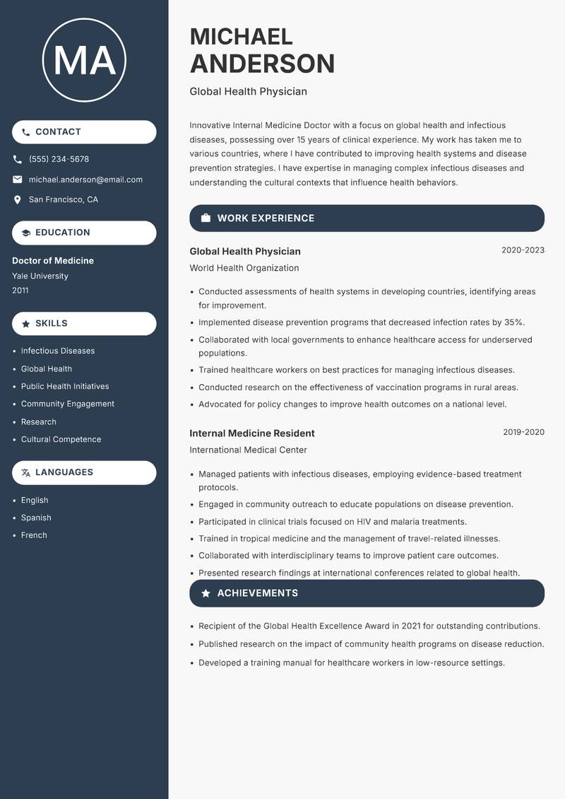 Internal Medicine Doctor resume sample — Global Health Physician focus