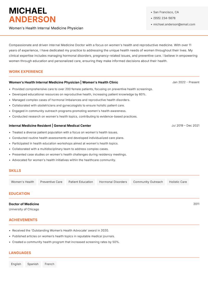Internal Medicine Doctor resume sample — Women's Health Internal Medicine Physician focus
