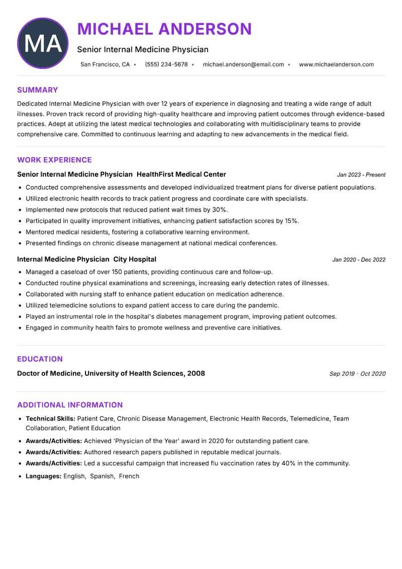 Internal Medicine Physician resume example