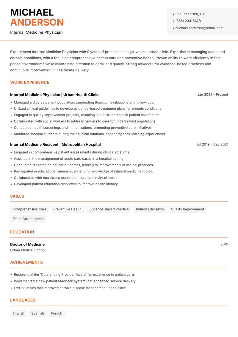 Internal Medicine Physician resume sample — Internal Medicine Physician focus