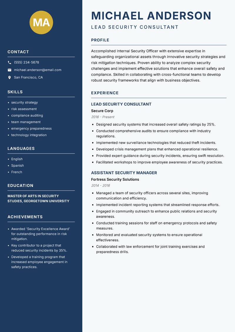 Internal Security Officer resume sample — Lead Security Consultant focus