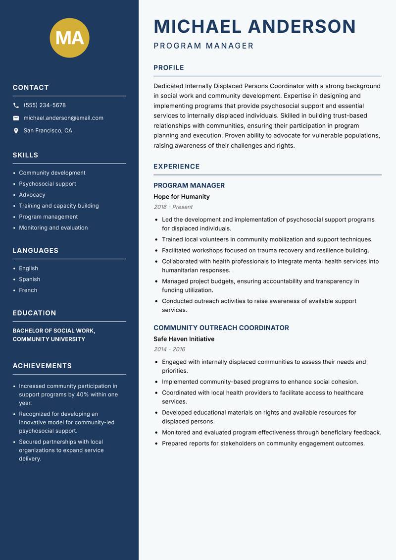 Internally Displaced Persons Coordinator resume sample — Program Manager focus