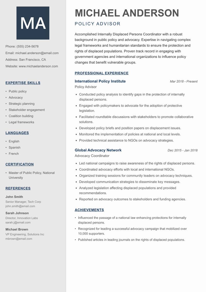 Internally Displaced Persons Coordinator resume sample — Policy Advisor focus