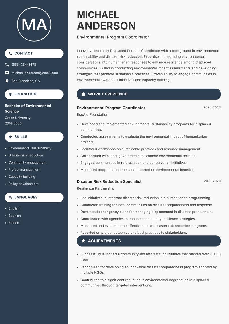 Internally Displaced Persons Coordinator resume sample — Environmental Program Coordinator focus