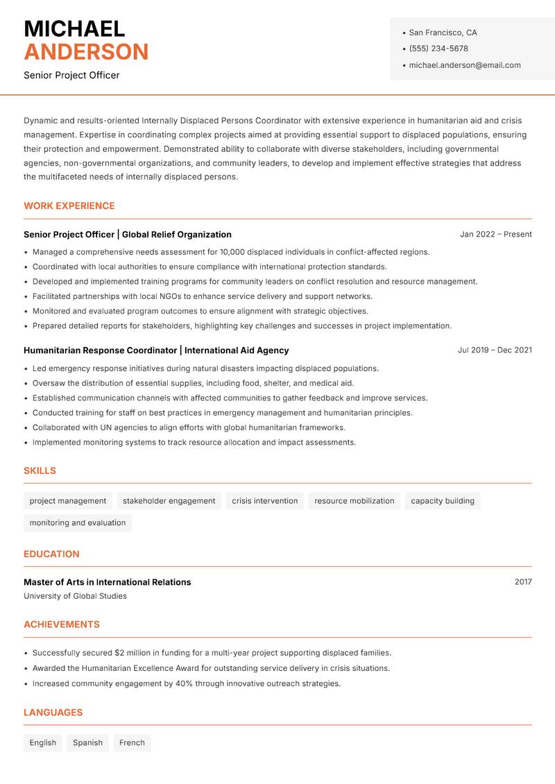 Internally Displaced Persons Coordinator resume sample — Senior Project Officer focus