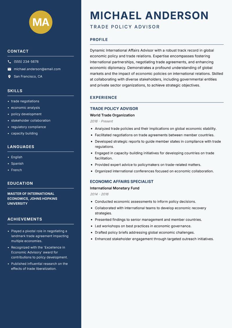 International Affairs Advisor resume sample — Trade Policy Advisor focus