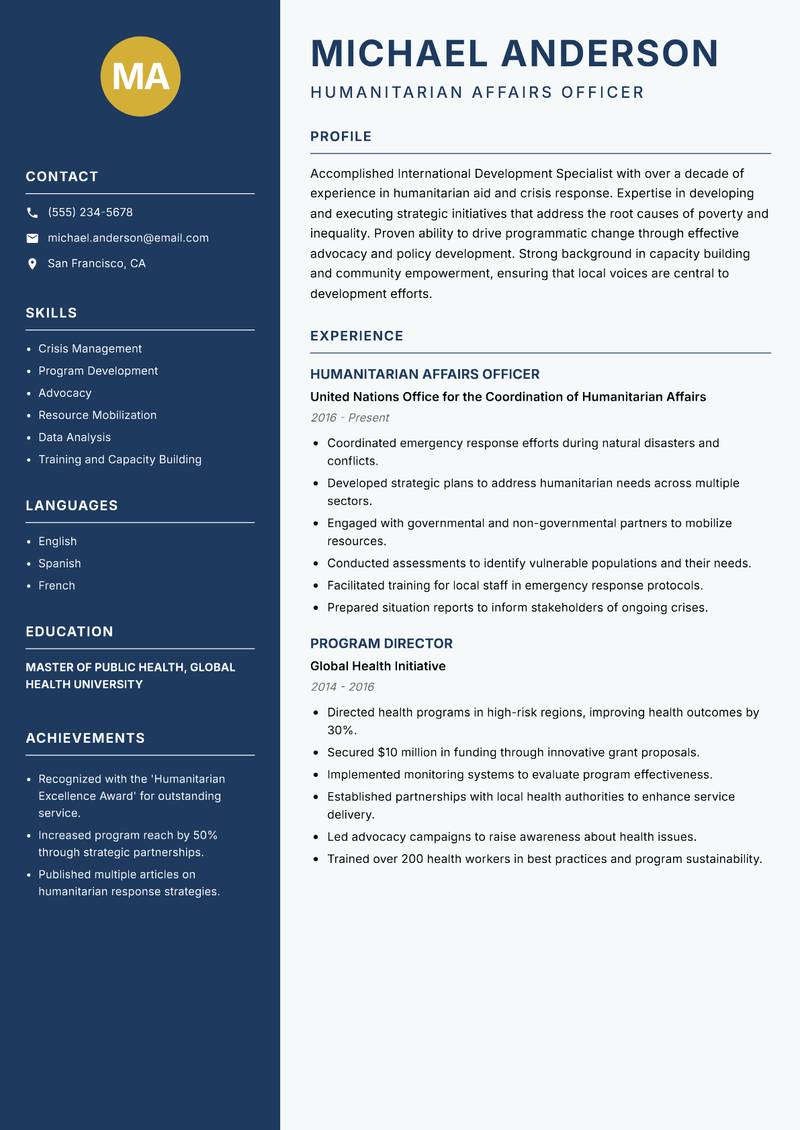 International Development Specialist resume sample — Humanitarian Affairs Officer focus
