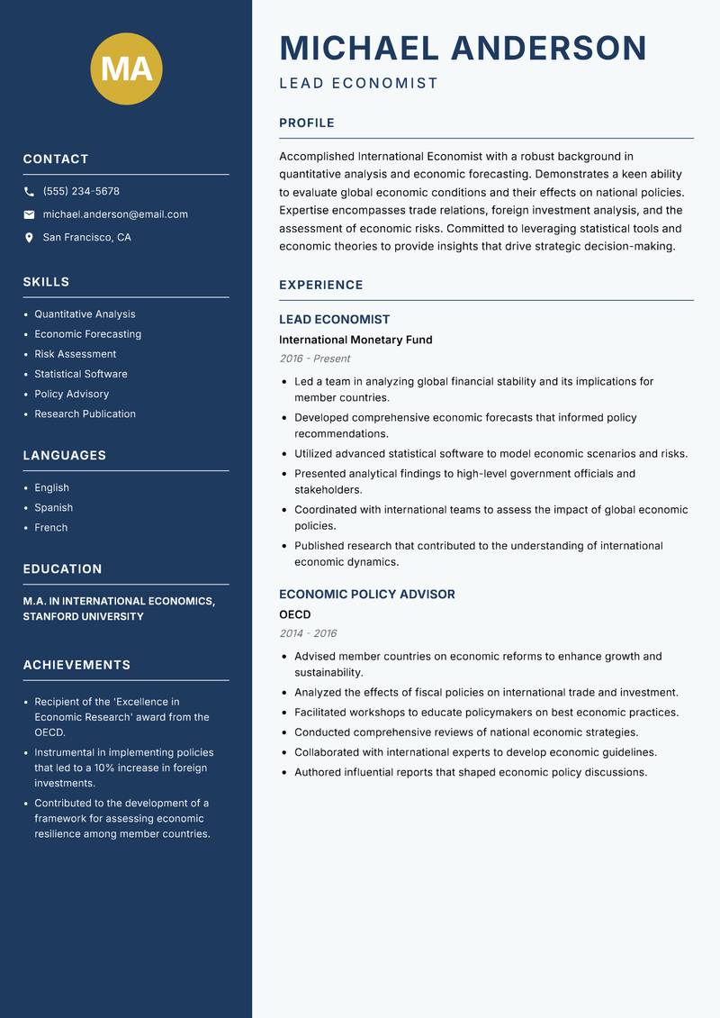 International Economist resume sample — Lead Economist focus