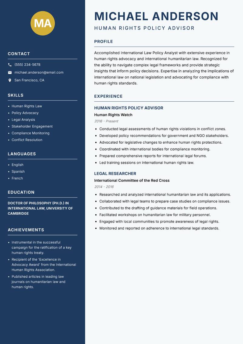 International Law Policy Analyst resume sample — Human Rights Policy Advisor focus