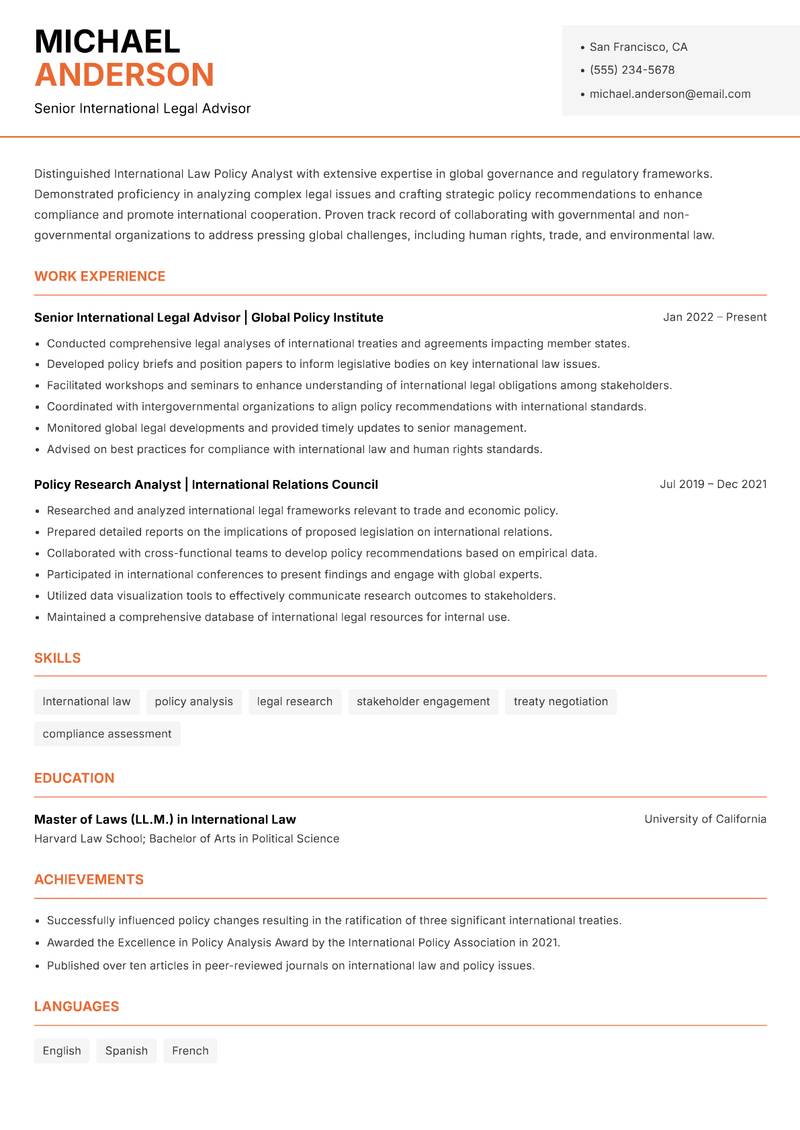 International Law Policy Analyst resume sample — Senior International Legal Advisor focus