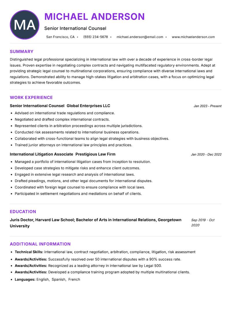 International Lawyer resume example