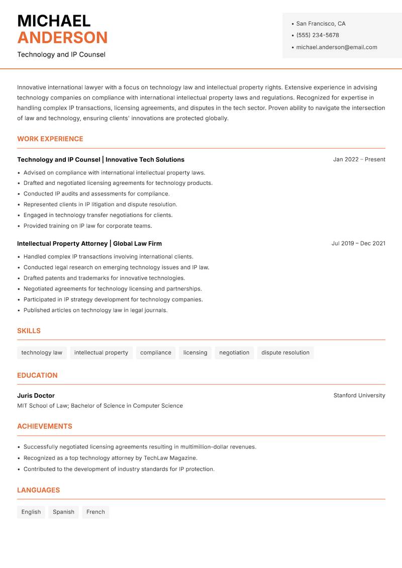 International Lawyer resume sample — Technology and IP Counsel focus