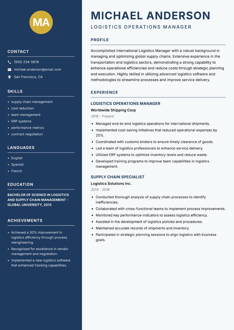 International Logistics Manager resume sample — Logistics Operations Manager focus