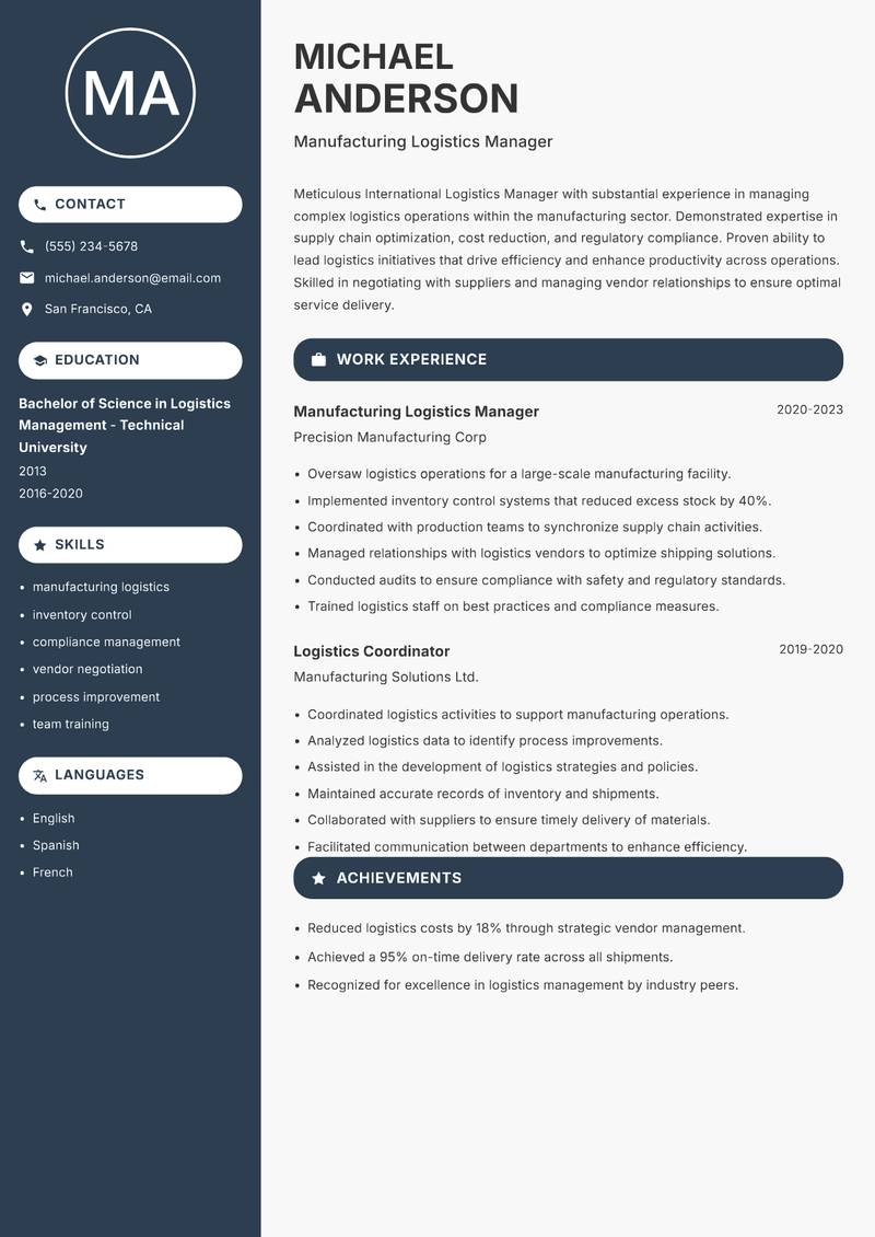 International Logistics Manager resume sample — Manufacturing Logistics Manager focus
