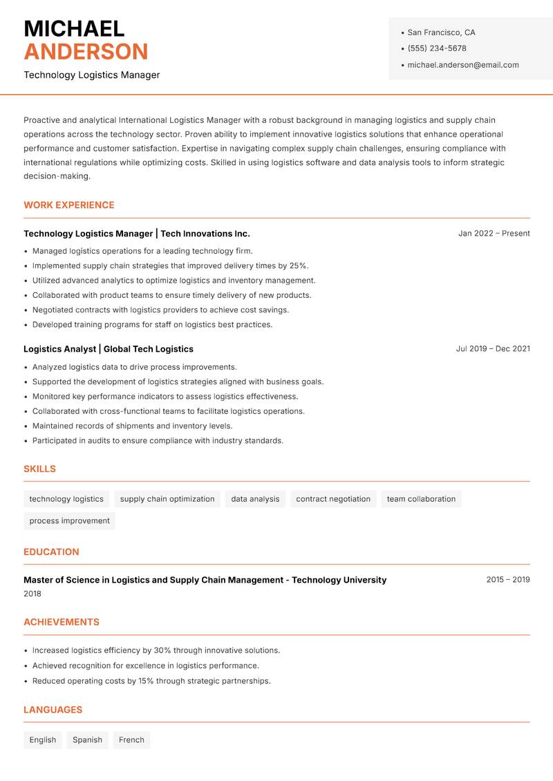 International Logistics Manager resume sample — Technology Logistics Manager focus