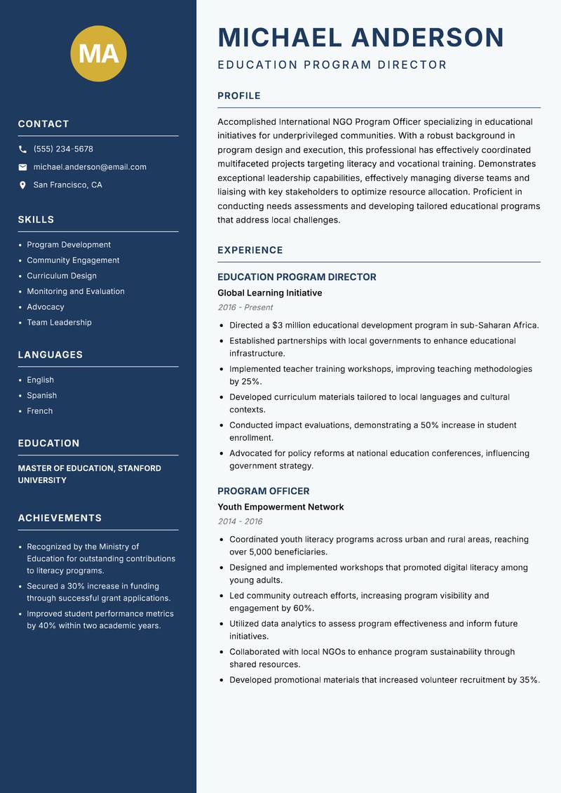 International NGO Program Officer resume sample — Education Program Director focus